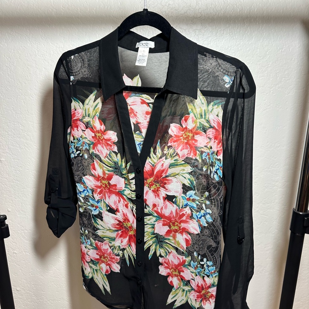 VINTAGE Cache Floral Sheer Black Blouse